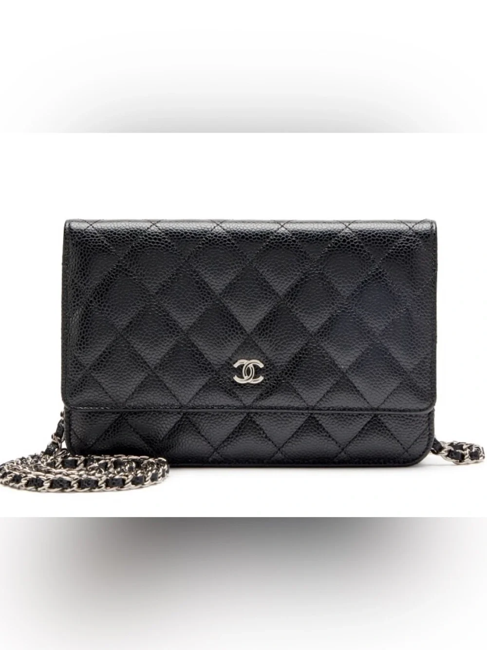 CHANEL Black Quilted Leather Crossbody Wallet with Silver CC